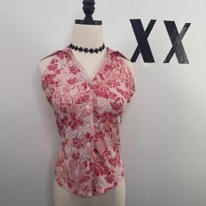 Vintage Y2K Pink Floral Sheer Mesh Fitted Button Up Top Collared Sleeveless S